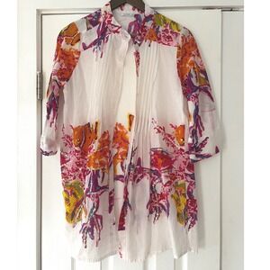 Bognar Blu Women Cotton Tropical Fish Coral Sequin Pintuck Tunic Shirt White S